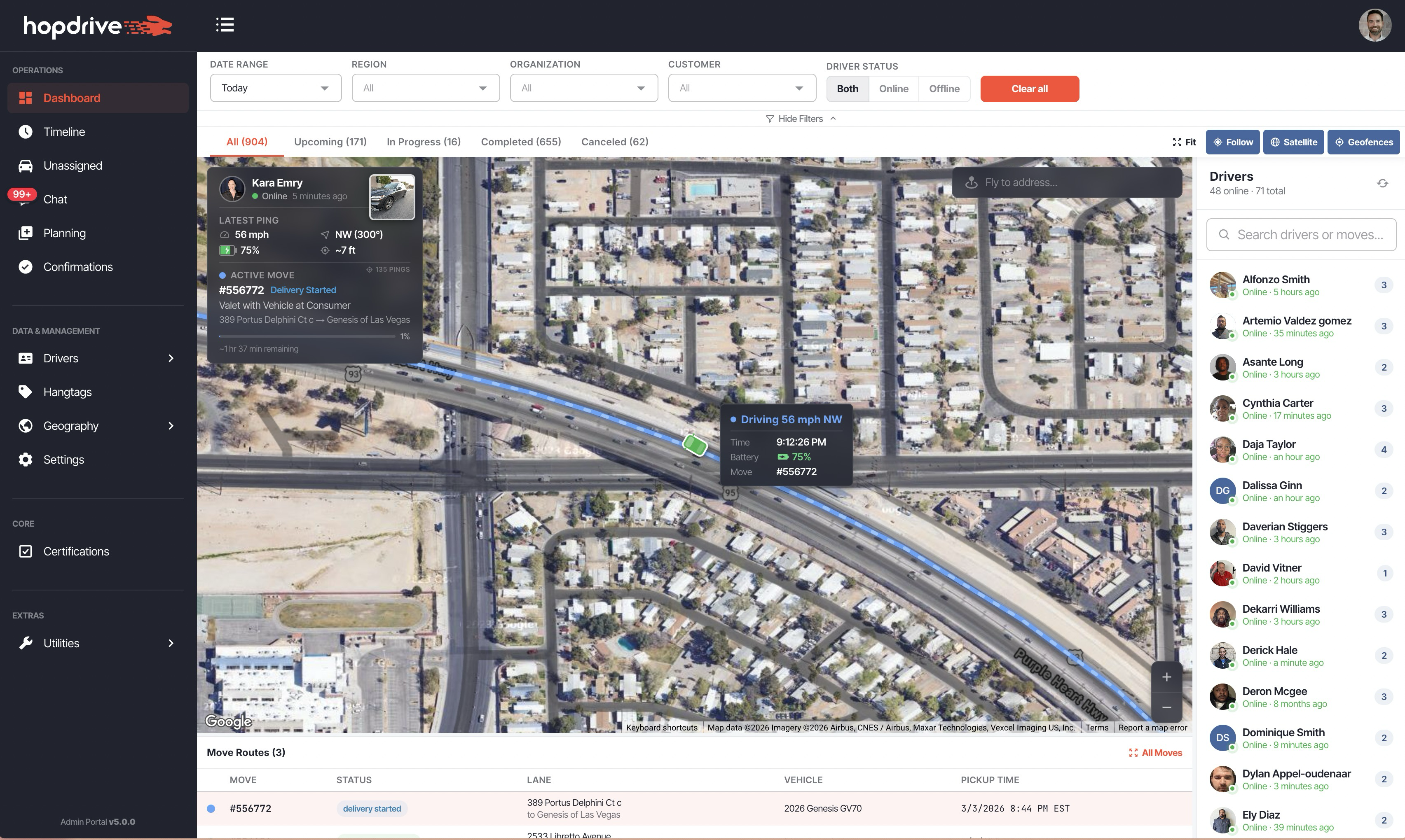 Maps dashboard overview showing drivers and move routes on the map