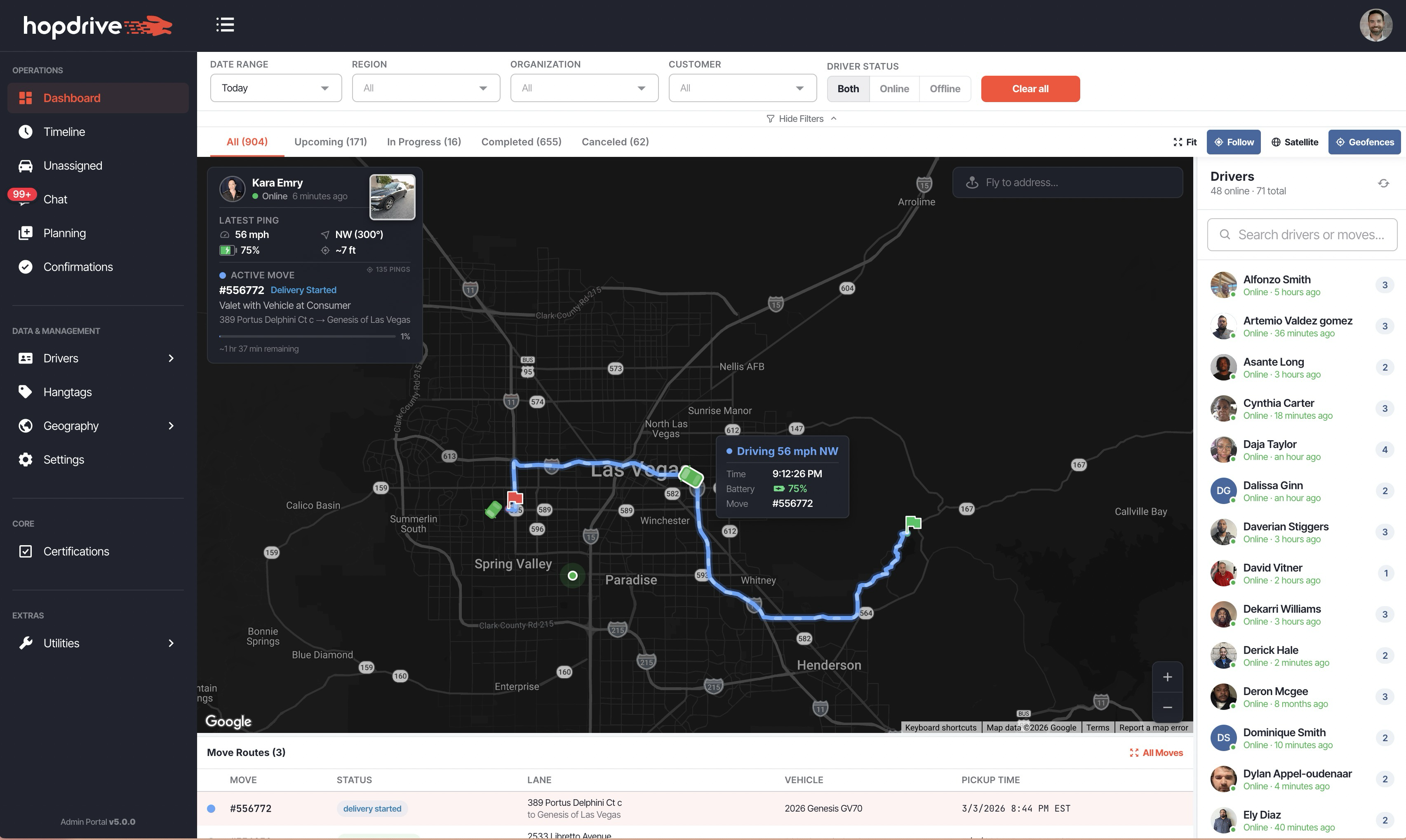 Follow driver mode with telemetry panel showing speed, heading, battery, and move ID