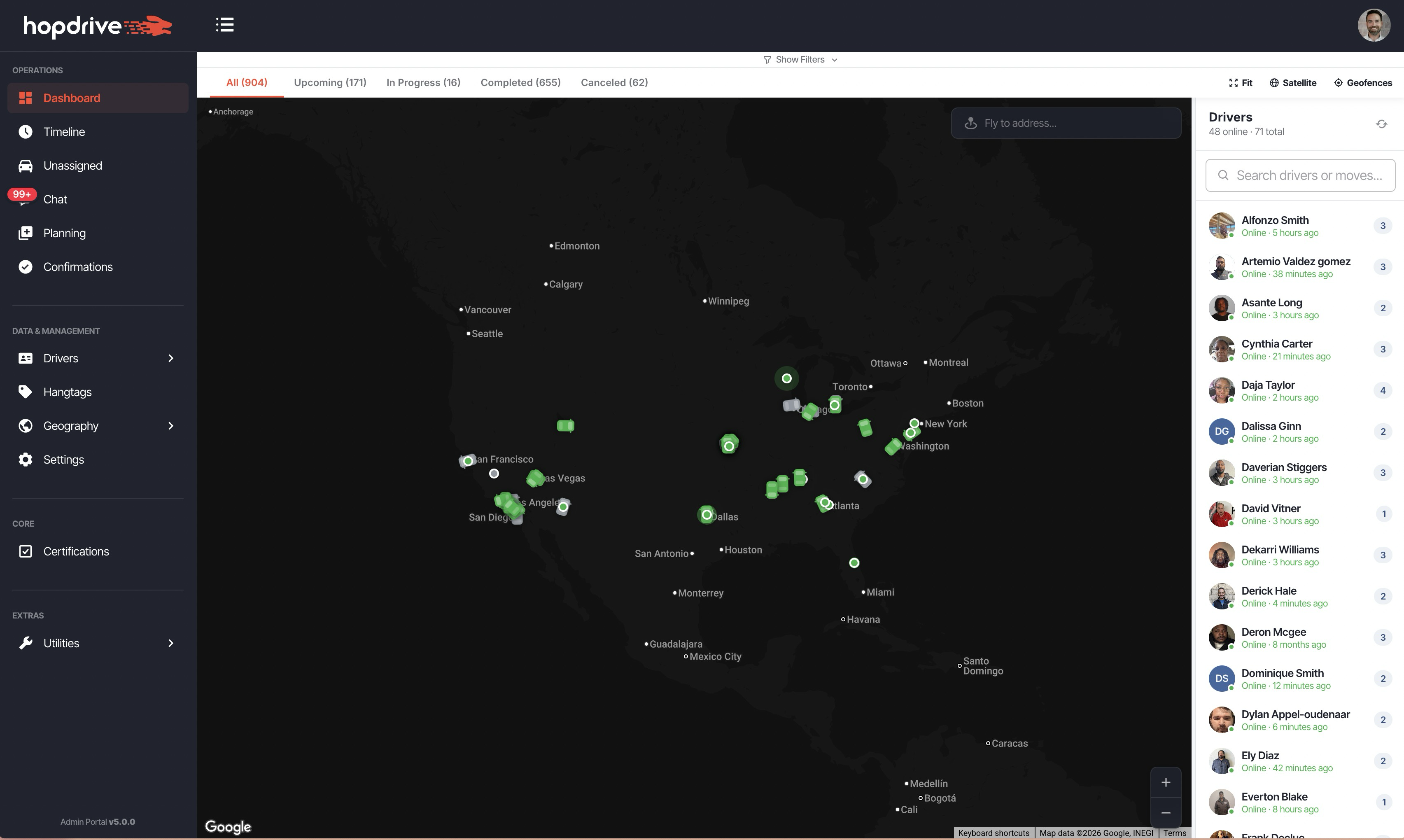 Advanced filter panel with date range, region, organization, customer, and driver status filters