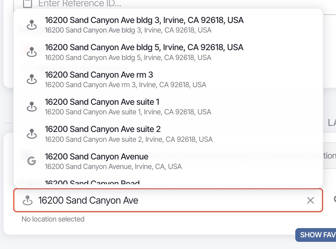 Autocomplete dropdown showing Google Places suggestions alongside stored locations