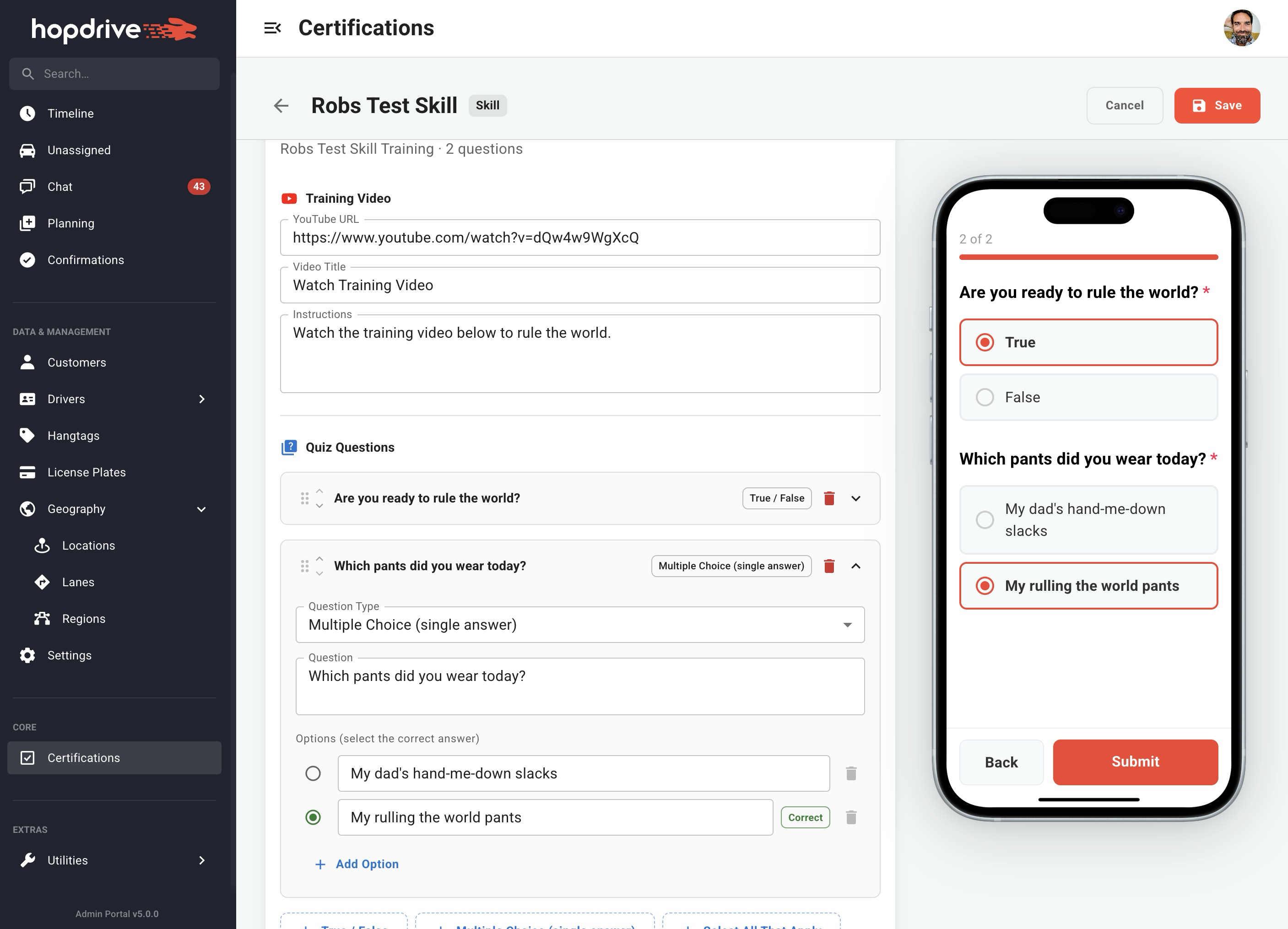 Quiz pass/fail result screen