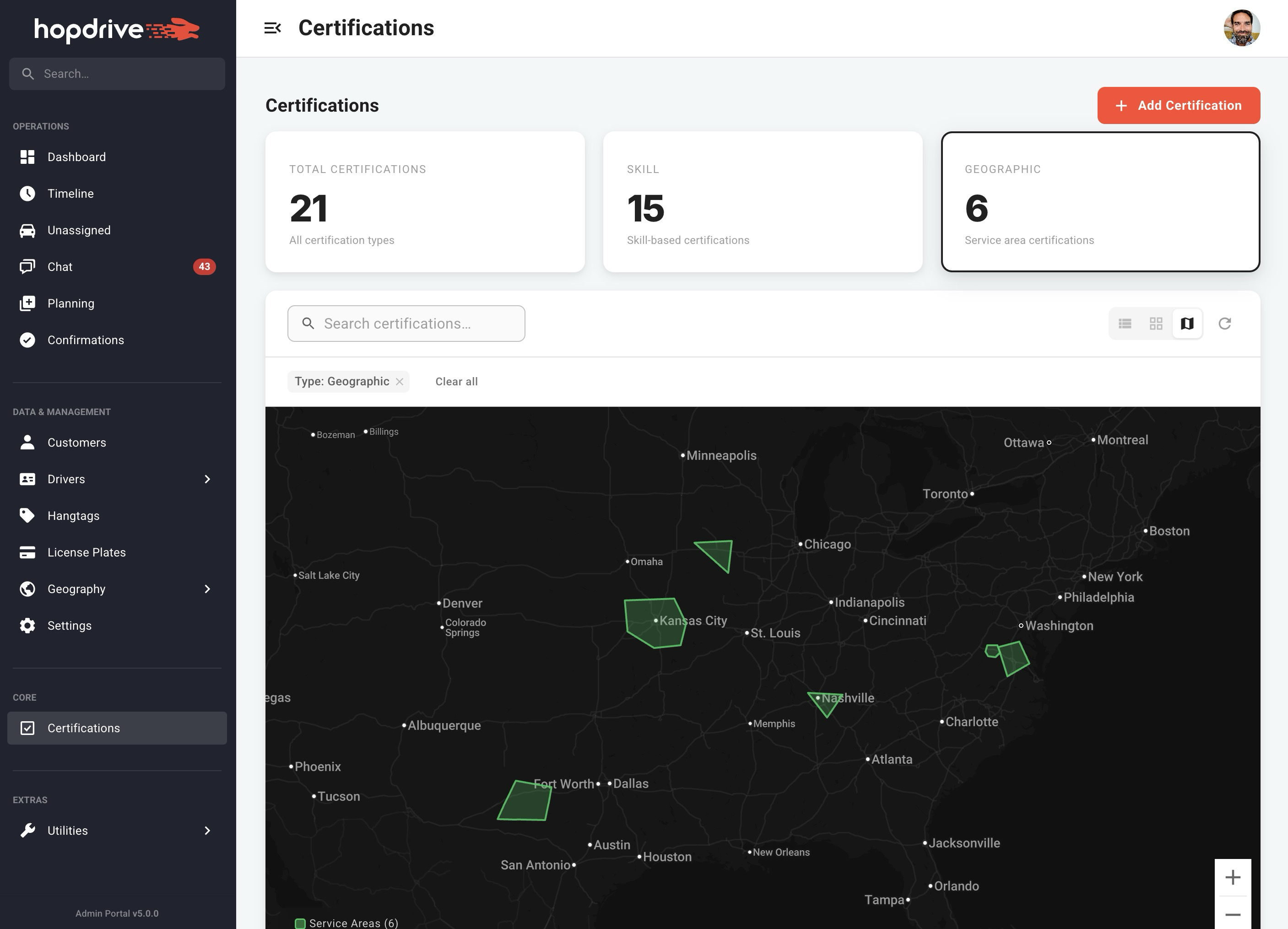 Certifications map view with service area polygons