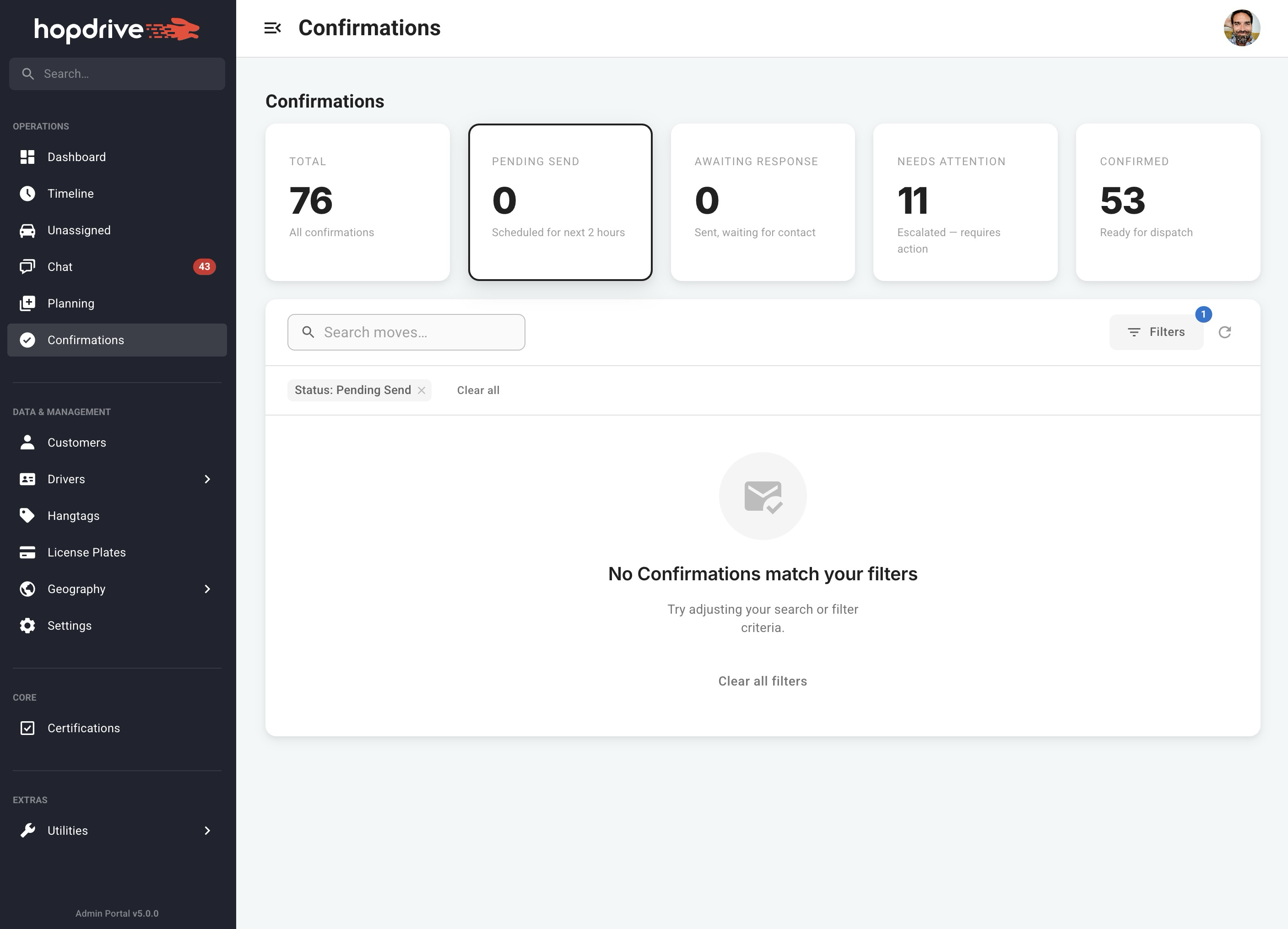 Confirmations filters and table