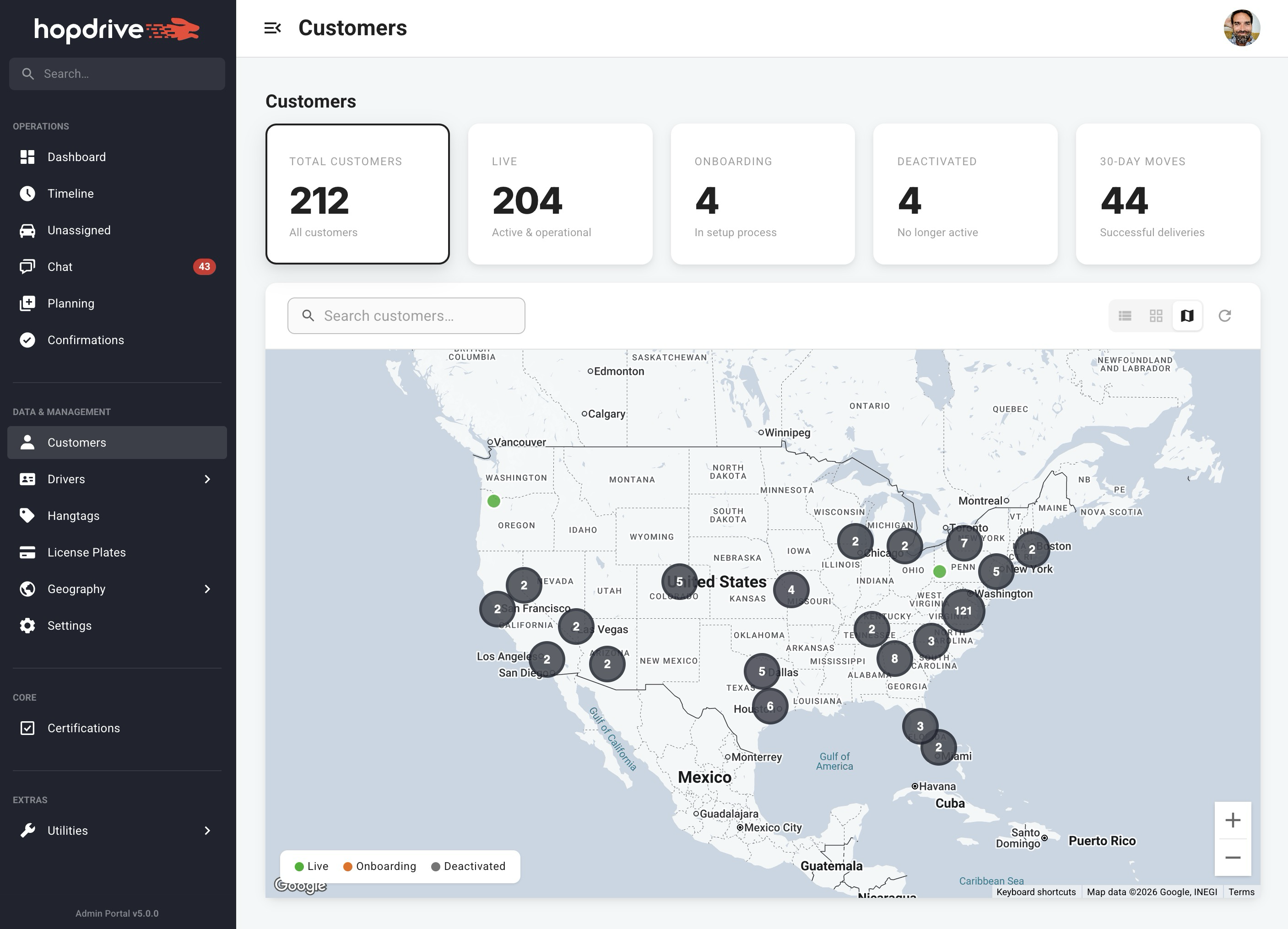 Customers map view with location markers