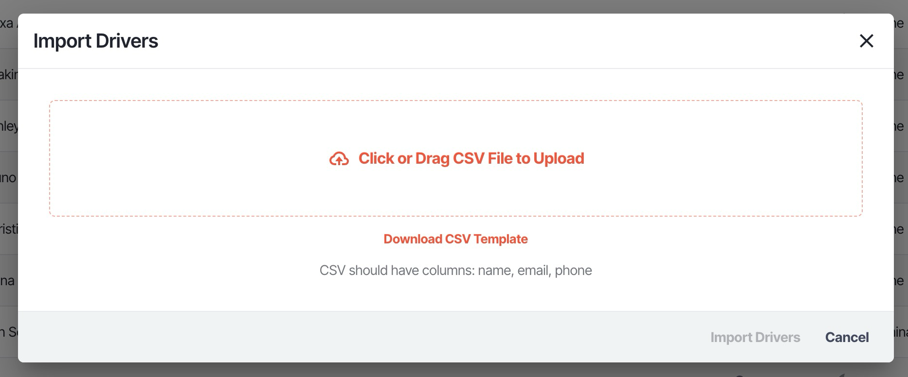 Drivers page with Import Drivers button