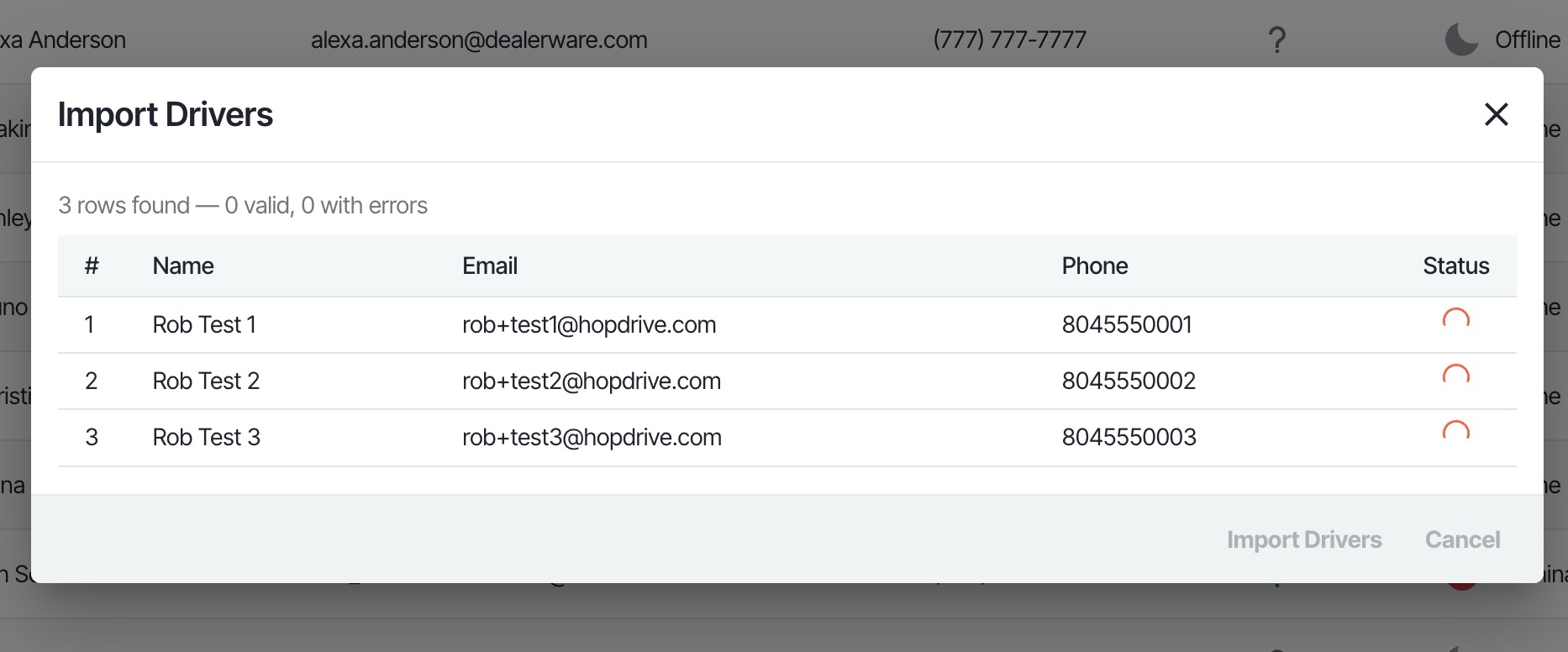 Import progress with per-row status