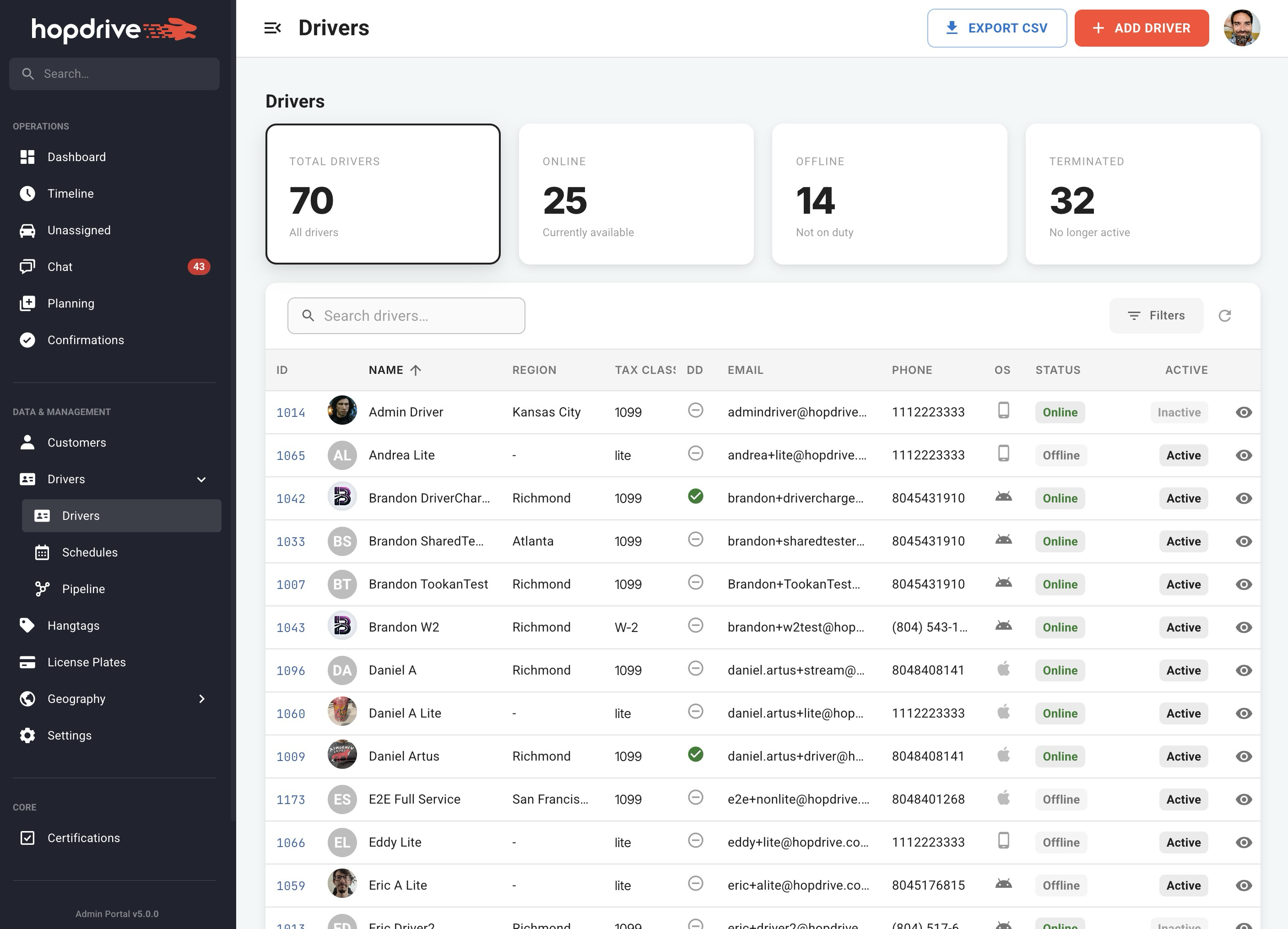 Drivers landing page