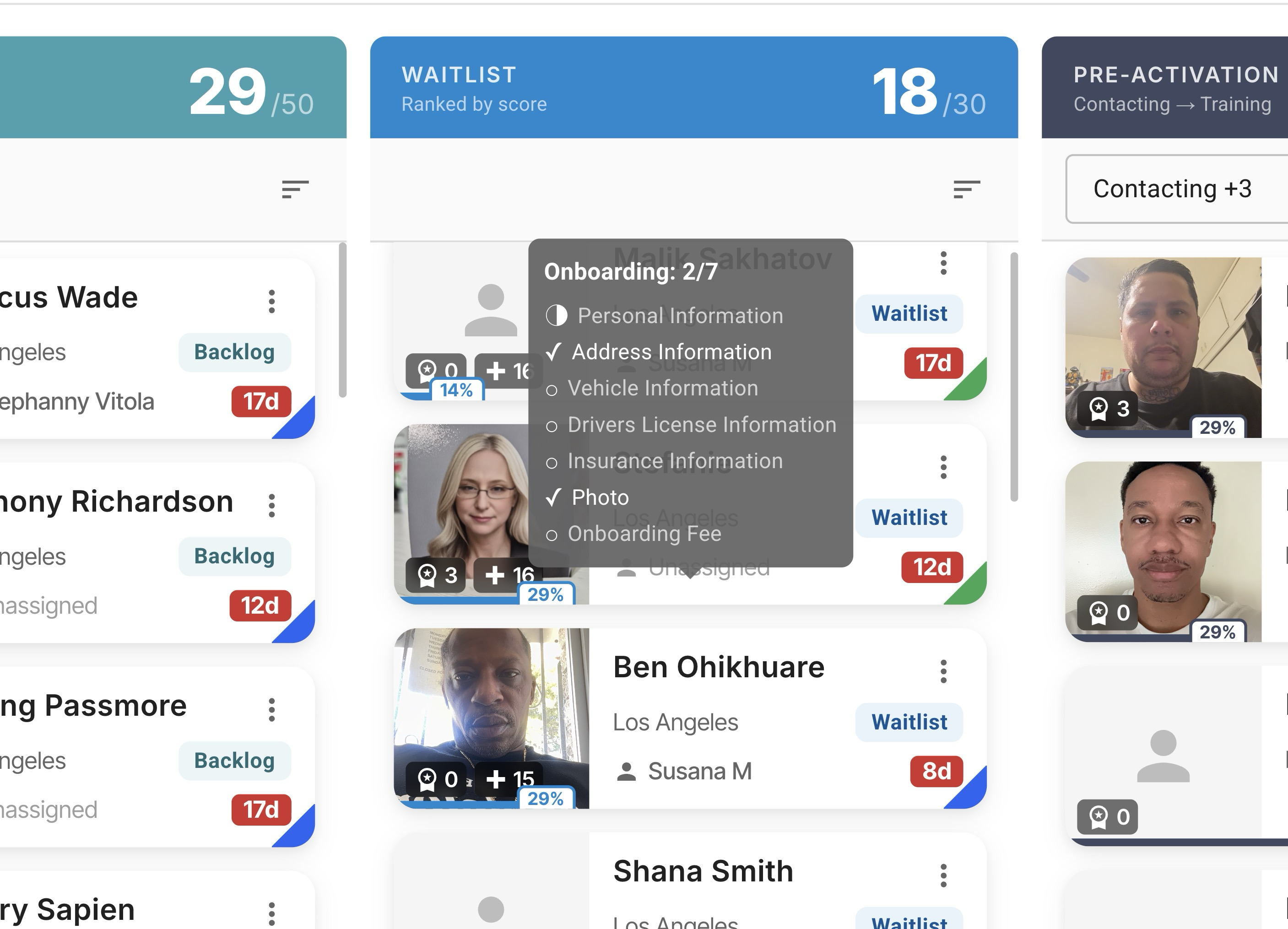 Pipeline cards with onboarding progress