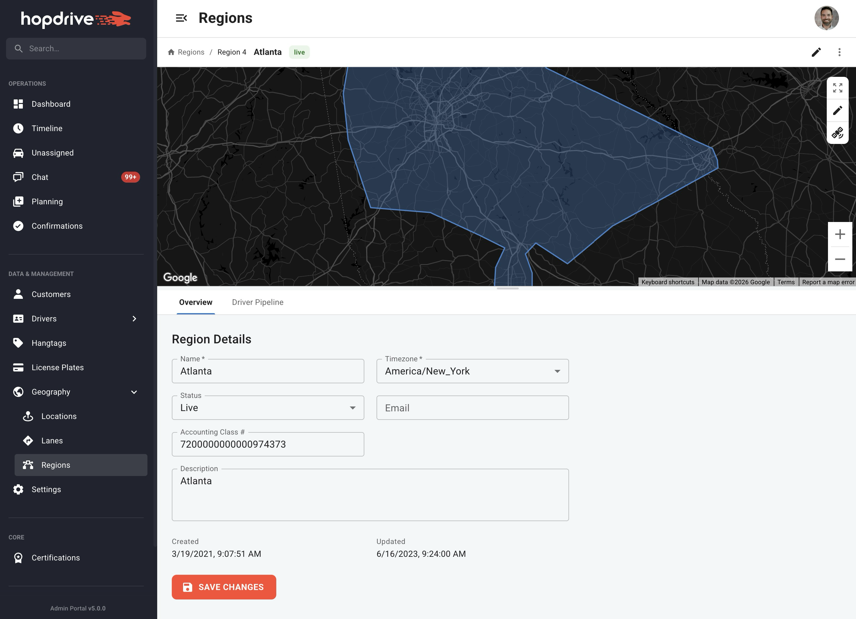 Region detail page with map and geofence