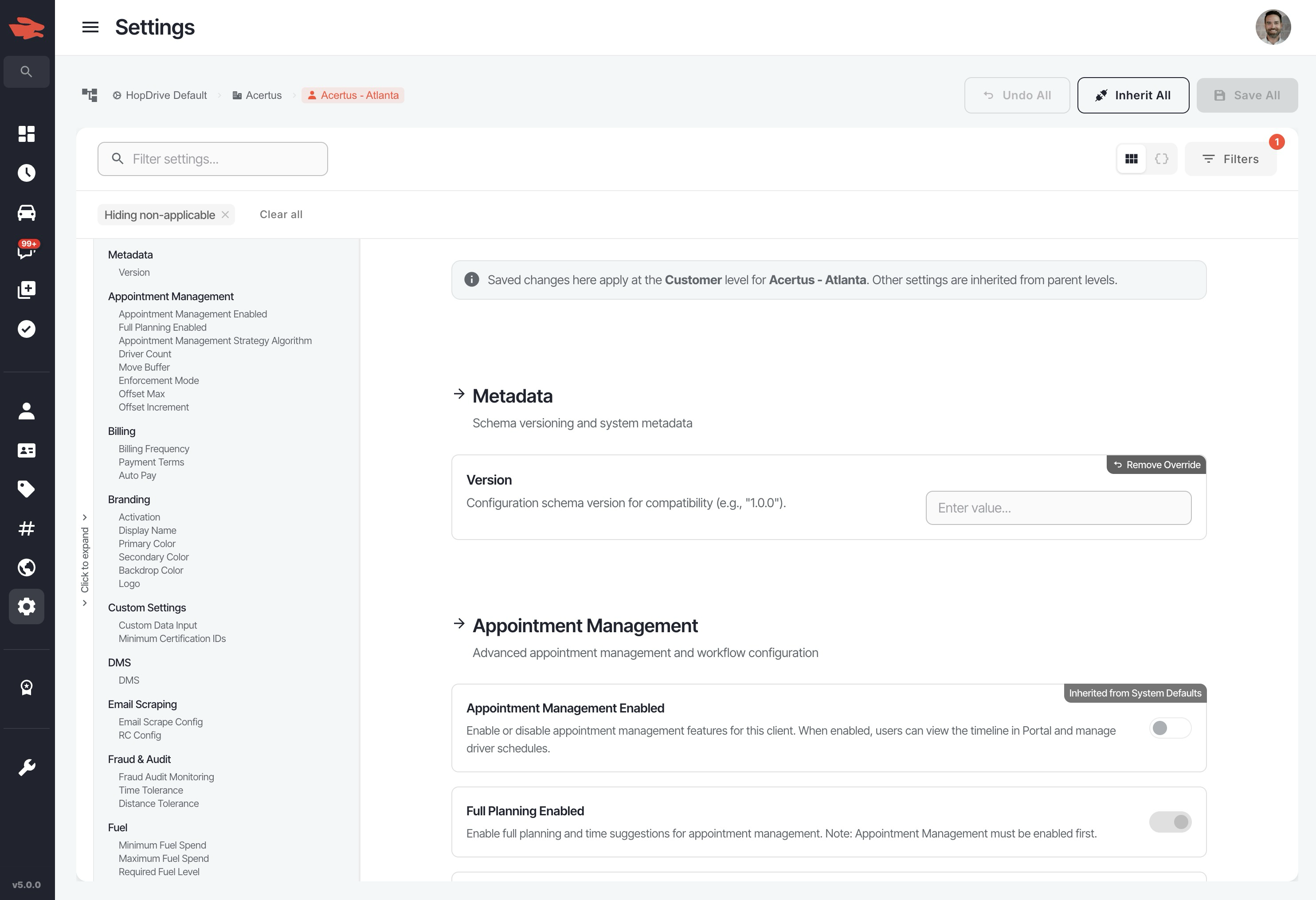 Settings page refresh